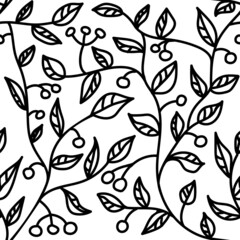Plant seamless pattern with leaves and berries. Isolated vector illustration. Endless floral background.