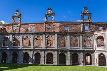 Obraz premium Main facade of ruined palace in Tworkow, small village in Silesia region of Poland