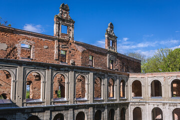 Facade of ruined palace in Tworkow, small village in Silesia region of Poland