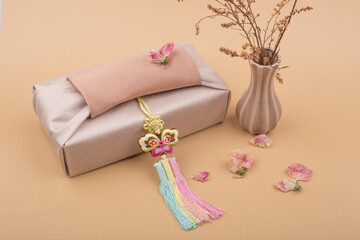 Korean traditional wrapping cloth packaging. furoshiki packaging gift box.