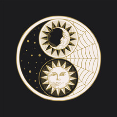 Vector yin yang symbol with sun, moon, stars and cobweb on a black. Hand-drawn stylized moon and sun with human face, day and night. Occult and mystical sign of harmony, balance, feng shui, zen, yoga