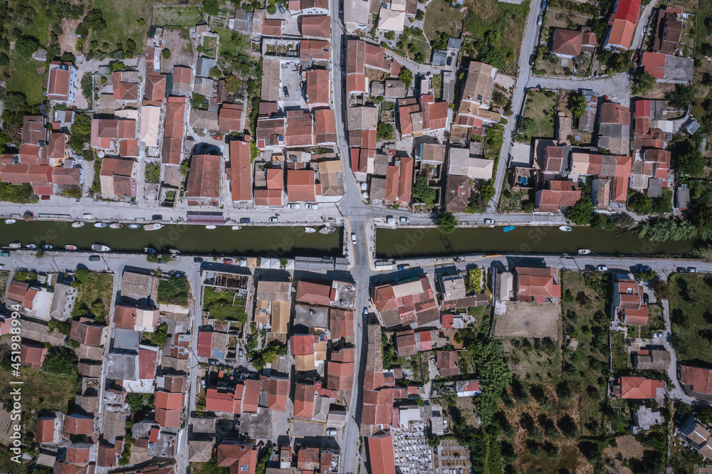 Sticker High angle view of water canal in Lefkimmi, small town on Corfu - Kerkyra Island, Greece