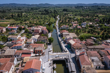 Fototapeta na wymiar Aerial drone photo of water canal in Lefkimmi, small town on Corfu - Kerkyra Island, Greece