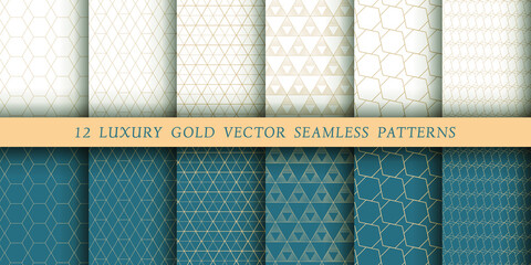 Set of 12 luxurious vector seamless patterns. Geometrical patterns on a white and emerald background. Modern illustrations for wallpapers, flyers, covers, banners, minimalistic ornaments, backgrounds.