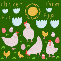 Spring Cartoon Vector illustration with chicken, sun and clouds. Chicken set