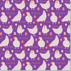 Vector seamless pattern with chicken and eggs. Cartoon background with hand drawn text