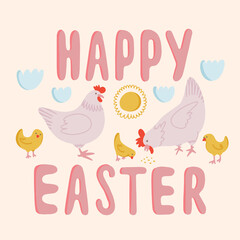 Fototapeta na wymiar Happy Easter vector illustration with chicken, sun, cloud on pastel background. Cartoon holiday design