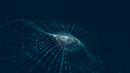 Futuristic wave. Dark cyberspace. Abstract music sound wave with dots. White moving particles on a green background. 3d rendering. © Flow 37