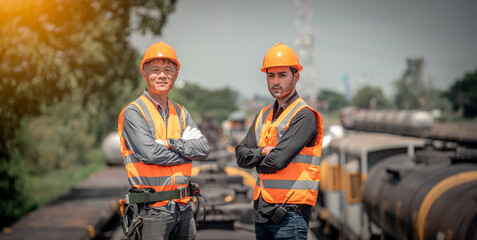 Engineer under inspection and checking construction process railway switch and checking work on...