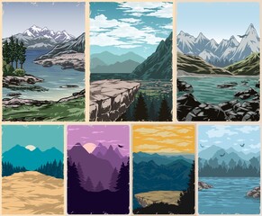 National parks colorful vintage posters set