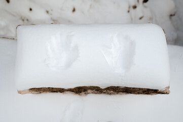 Imprint of hands on snow in winter