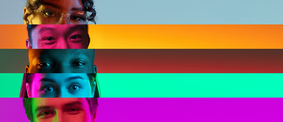 Collage of cropped male and female faces, eyes placed on the right isolated over light colored backgrounds in neon lights.