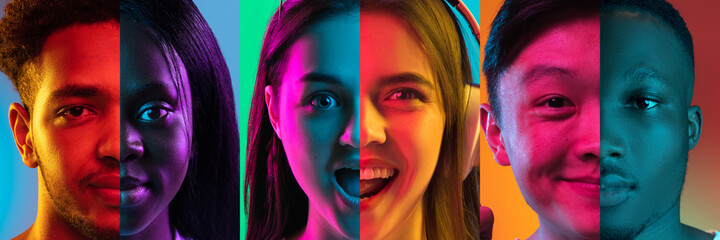 Collage of cropped male and female faces isolated over multicolored neon backgrounds. Flyer