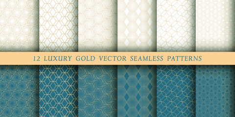 Set of 12 luxurious vector seamless patterns. Geometrical patterns on a white and emerald background. Modern illustrations for wallpapers, flyers, covers, banners, minimalistic ornaments, backgrounds.