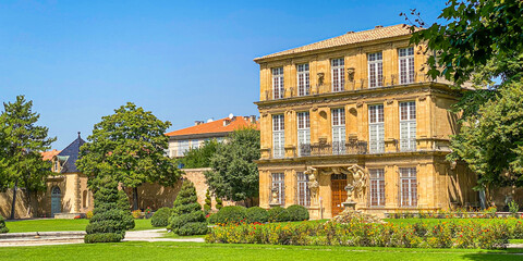 Pavillon Vendôme, a historic pavilion surrounded by a French formal garden in Aix en Provence,...