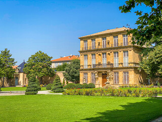 Pavillon Vendôme, a historic pavilion surrounded by a French formal garden in Aix en Provence,...