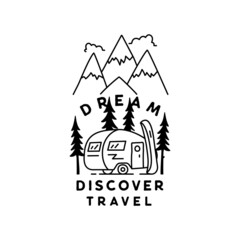 Fototapeta premium Vintage simple camp logo design. Outdoor adventure line art scene, hiking landscape. Dream Discover Travel, Silhouette linear concept. Stock badge