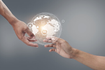 Two people holding hands fintech hologram communication International business.