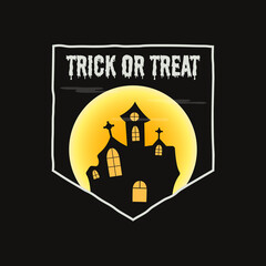 Vintage Halloween typography badge graphics with horror castle landscape scene, moon and quote text - Trick or Treat. Holiday retro emblem label. Stock sticker on black background
