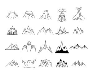 Ensemble de formes d& 39 icônes de montagnes simples. Kit de création de logo. Ensemble d& 39 éléments de montagne d& 39 art de ligne d& 39 aventure en plein air. Concept linéaire de silhouette. Collection de collines de stock