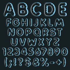 Alphabet, letters, numbers and signs from transparent air, inflatable balloons. Isolated vector objects on a black background.