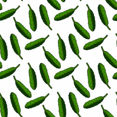 Seamless pattern with doodle tasty cucumbers on white background. Vector image.
