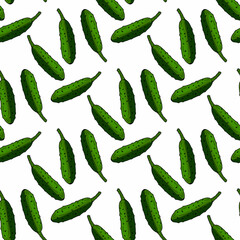 Seamless pattern with doodle tasty cucumbers on white background. Vector image.