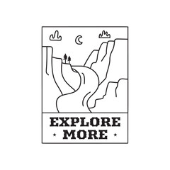 Camping adventure logo emblem illustration design. Outdoor label with mountains landscape and text - Explore more. Unusual linear hipster sticker. Stock .