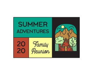 Camping adventure logo emblem illustration design. Outdoor label with cabin wood house, mountain scene and text - Summer adventures Family Reunion. Unusual linear hipster sticker. Stock .