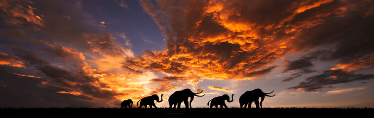 Naklejka na ściany i meble Elephants at sunset. Elephants walking by the lake.Bright Dramatic Sky And Dark Ground. Countryside Landscape Under Scenic Colorful Sky At Sunset Dawn Sunrise.safari.