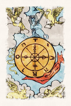The Wheel Of Fortune Tarot Card In Watercolor Painting Style | Tenth Major Arcana Tarot Card Meaning Destiny, Success, Elevation, Luck, and Felicity |  Magical Creatures Around A Flying Wheel
