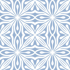 White arabesque ornament on a cerulean blue background. Delicate tile oriental design. Minimal wallpaper and fabric seamless texture. Home decor pattern in neutral colours