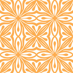 Orange geometrical pattern with floral elements in boho style on a white background. Seamless texture for fashion fabric. Classical style wallpaper. Trendy ethnic packaging motif