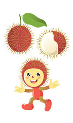 Rambutan vector with sliced and funny fruit character. Rambutan is a tropical fruit from Indonesia