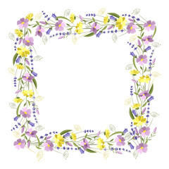 Fototapeta na wymiar Beautiful floral square frame with wildflowers and leaves. Empty space for the text. Vector illustration