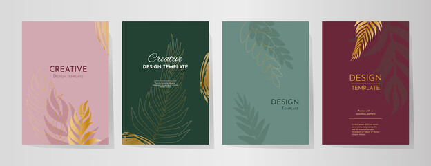 Botanical modern covers. Set abstract banners with leaves in minimal style. Hand drawn branch design. Flyers, Web design, Business cards, Book Illustration, Presentations. Colors: green, pink, gold