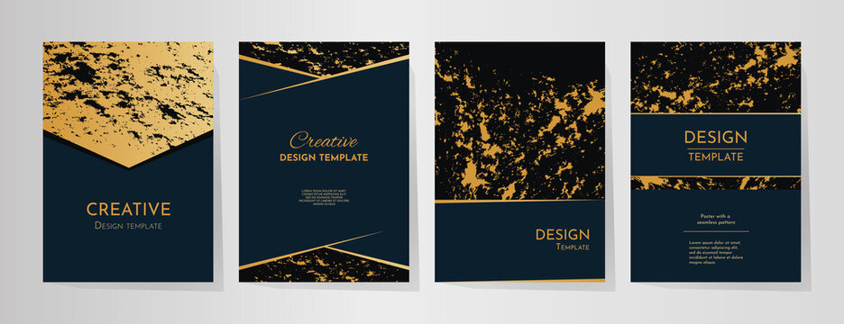 Luxury modern covers. Set of abstract banners in a minimalistic style. Hand-drawn pattern design. Flyers, Web design, Business cards, Book Illustration, Presentations. Colors: blue, gold, black
