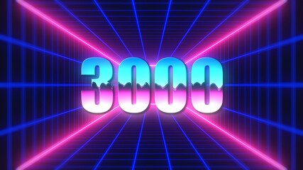 Retro Futuristic Colorful Number 3000 Text Style On 3d Perspective Mesh Rectangle Tunnel And Neon Light Background Design