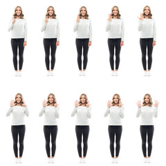 Obraz premium Collage of happy women in soft sweater counting numbers from one to ten gestures. Full body people isolated on white background
