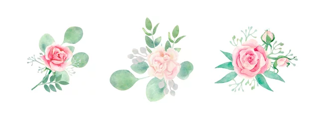 Fototapete Blumen Aquarell isoliertes Blumenset mit Rosen, Nelken und Eukalyptien. Romantische Sammlung von Blumensträußen mit zartrosa Blumen und Grün für Hochzeiten, Karten und Drucke.
