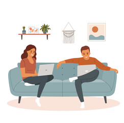 Young man and woman sitting on the couch with laptop. Vector flat style cartoon illustration