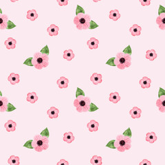 Watercolor seamless floral pattern with pink flowers and leaves on pink background. Botanical background with wildflowers for textile, prints, wallpapers and wedding decoration.