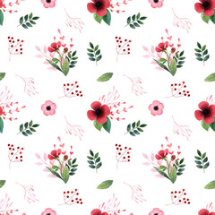 Watercolor seamless floral pattern with red and pink flowers and leaves on white background. Botanical background with wildflowers and herbs for textile, prints, wallpapers and wedding decoration.