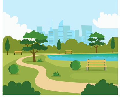 Landscape in city park .  Bench and lake. Vector flat style Illustration.