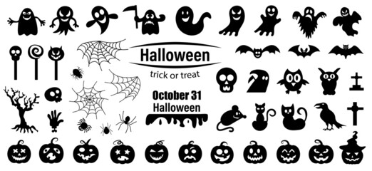 Set of silhouettes of Halloween on a white background. Vector illustration.