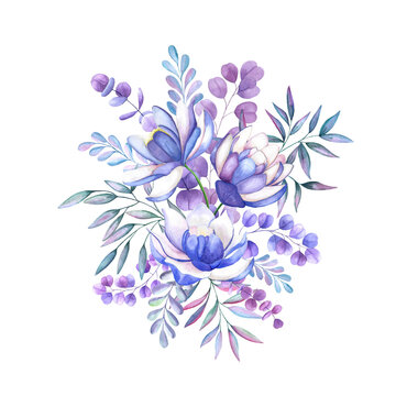 Blue, lilac exotic spring flowers bouquet
Lotus flowers, eucalyptus branch. Watercolor tropical botanical illustration. 