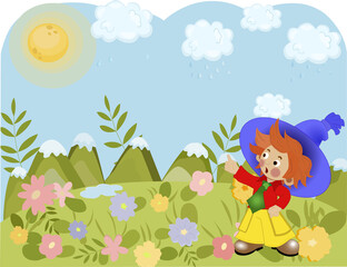 the character of the fairy tale Dunno from the cartoon illustration a man in nature