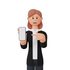 3d rendering female character pointing up smartphone.
