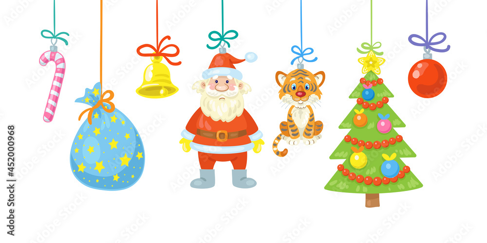 Canvas Prints Christmas card. New Year's cute toys on the colorful strings. Santa Claus, funny tiger, Christmas tree, gift bag, golden bell, glass ball. In  cartoon style. Isolated on white. Vector illustration.