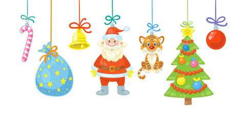Christmas card. New Year's cute toys on the colorful strings. Santa Claus, funny tiger, Christmas tree, gift bag, golden bell, glass ball. In  cartoon style. Isolated on white. Vector illustration.